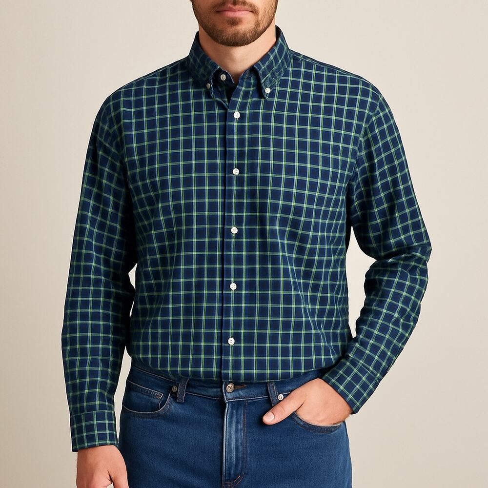 Duluth Trading Co XL Blue Green Plaid Button Down Shirt Mens 100% Cotton Casual